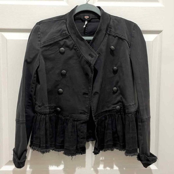 Free People Black Military Double Breasted Ruffle Hem Jacket size small - Picture 3 of 7